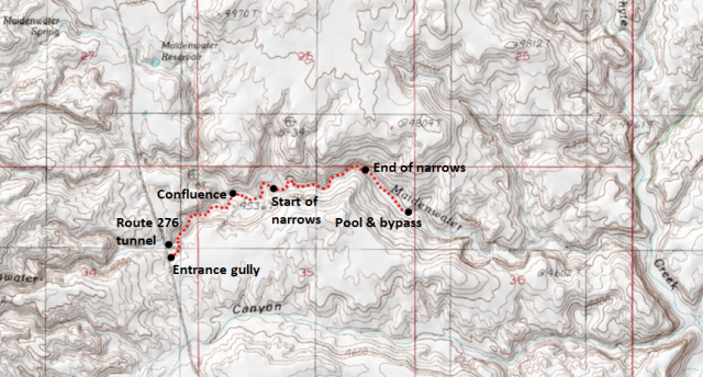 Map of Lower Maidenwater Canyon and the Trachyte Creek area; adapted from: http://www.mytopo.com/maps/