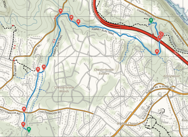 Map of Pimmit Run Trail - Section 1: Fort Marcy to Solitaire Ln., McLean, Virginia; adapted from National Geographic Maps/AllTrails, alltrails.com